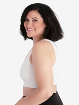 Side view of comfort support sports bra in white