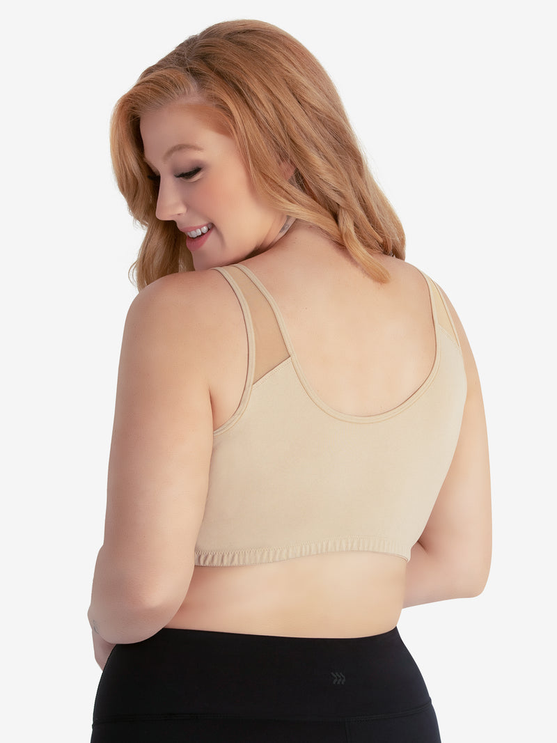 Side view of seamless crossover comfort bra in salt beige