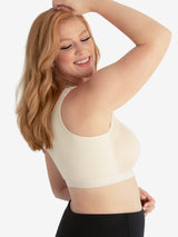 Side view of back smoothing front-closure bra in whisper nude