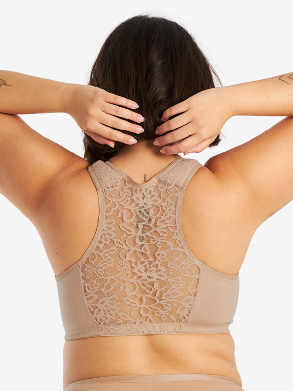 Back view of cotton front-closure lace racerback bra in sand