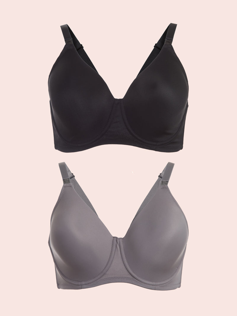 Loving Moments Full Coverage T-Shirt Nursing Bra 2-Pack - Black & Storm Gray 2PK,34B