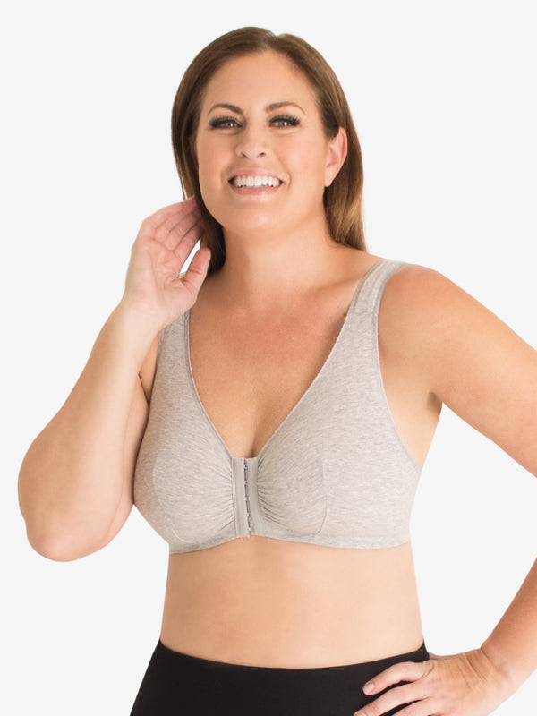 Front view of cotton front-closure wirefree comfort bra in heather grey
