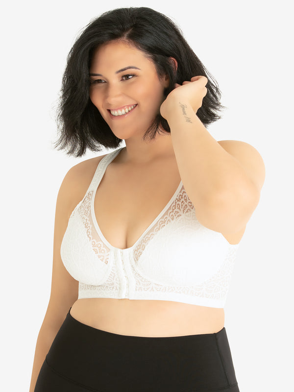 Front view of back smoothing front-closure lace bra in white