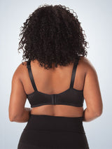 Back view of silky lace nursing bra in black