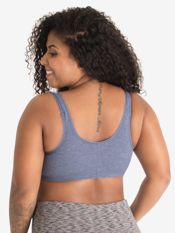 Back view of cotton front-closure wirefree comfort bra in heather denim blue