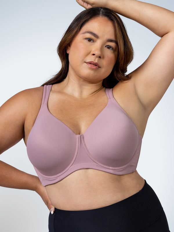 Front view of full coverage underwire padded bra in rose mauve