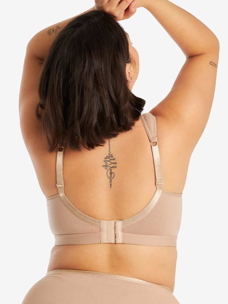 Back view of cotton comfort bra in sand