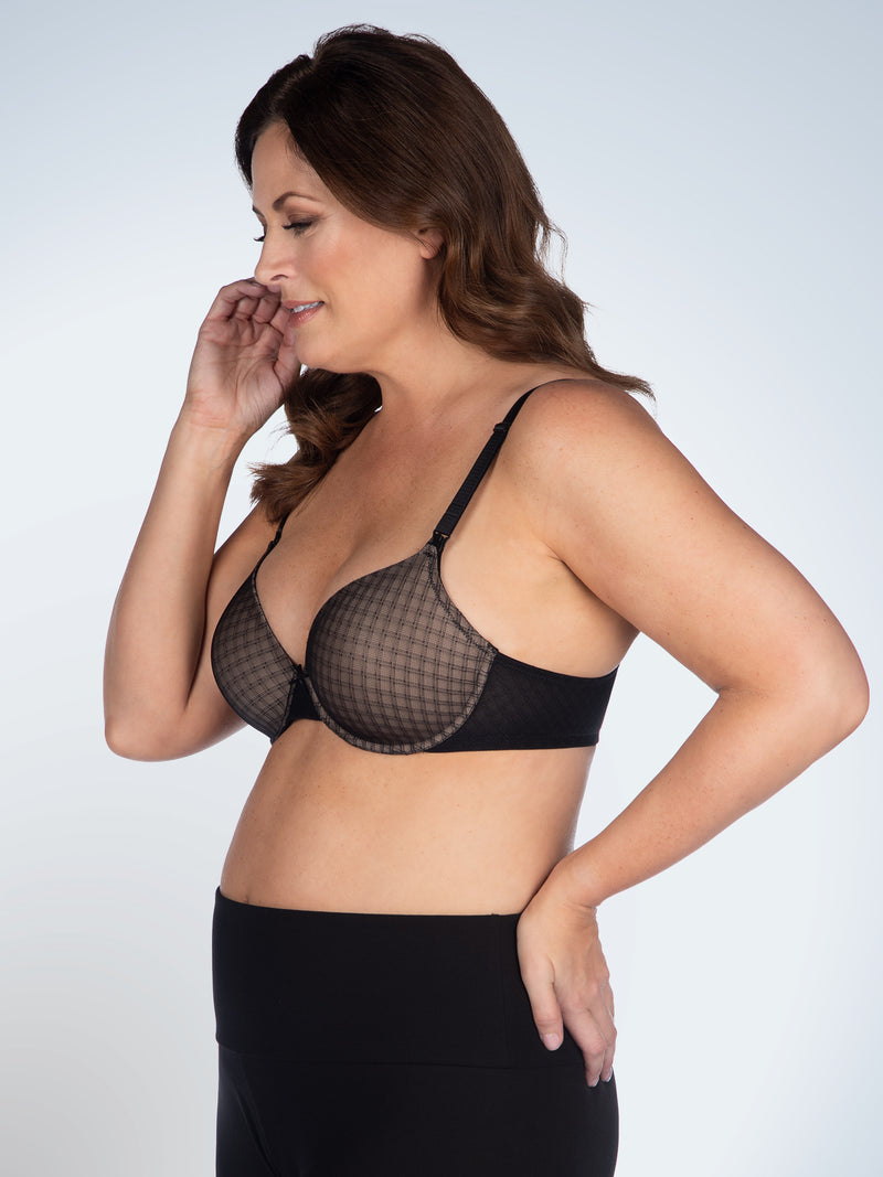 Side view of loving moments underwire lace nursing bra in black check lace over warm taupe
