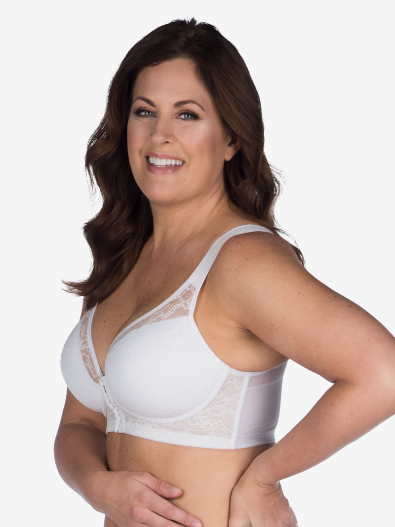 Side view of lace covered wirefree posture bra in white