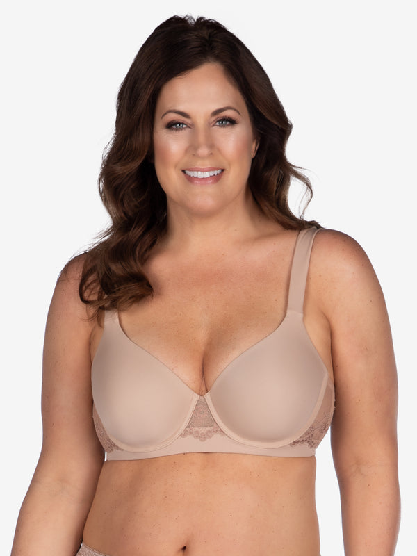 Front view of lace underwire t-shirt bra in warm taupe