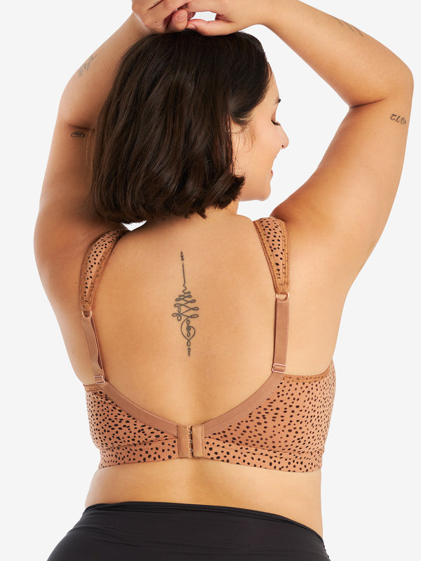 Back view of cotton comfort bra in mocha leo dot