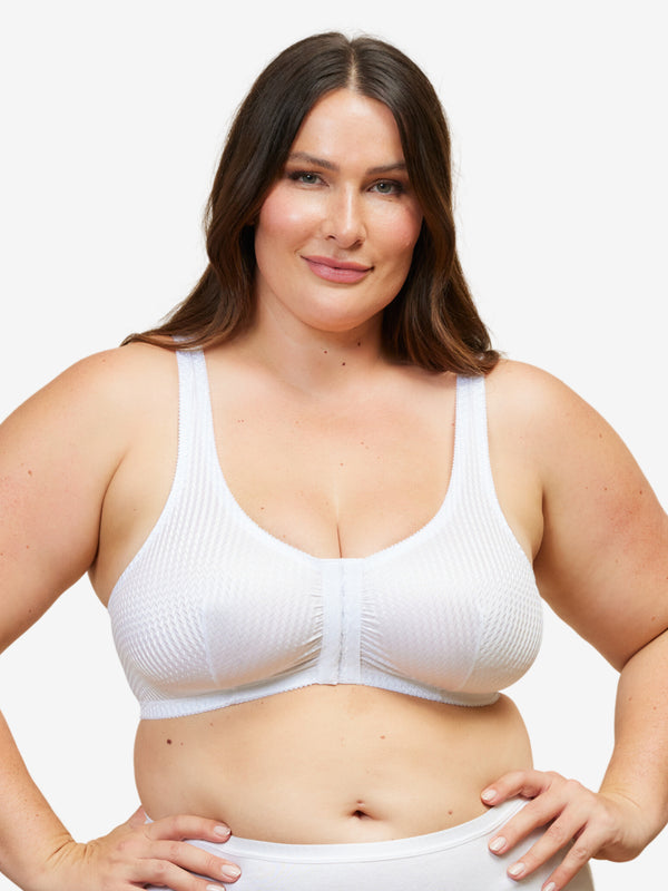 Front view of zig-zag weave front-closure comfort bra in white