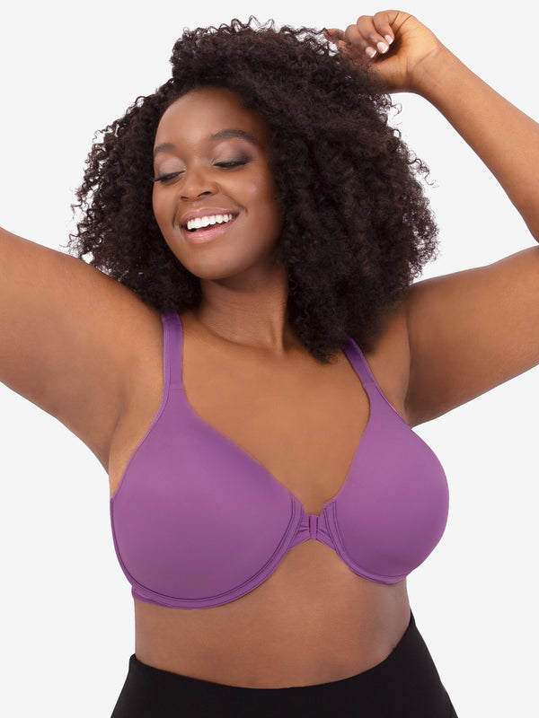 Front view of front-closure racerback t-shirt bra in amethyst plum
