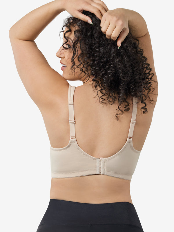 Back view of full coverage wirefree padded bra in nude
