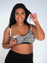 Front view of front comfort nursing bra in black and white zebra print