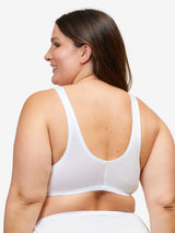 Back view of zig-zag weave front-closure comfort bra in white