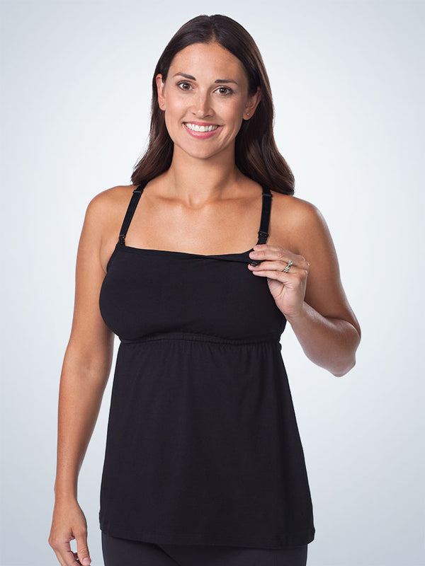Front view of modern square neck maternity and nursing tank in black