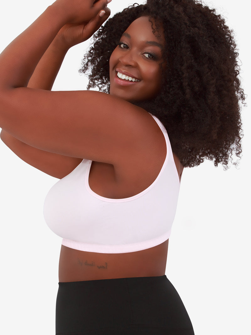 Side view of front-closure seamless comfort bra in pink crush