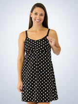Front view of shirred-front comfort maternity and nursing tank dress in black and white dot