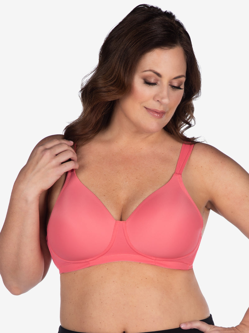Front view of full coverage underwire padded bra in sun kissed coral