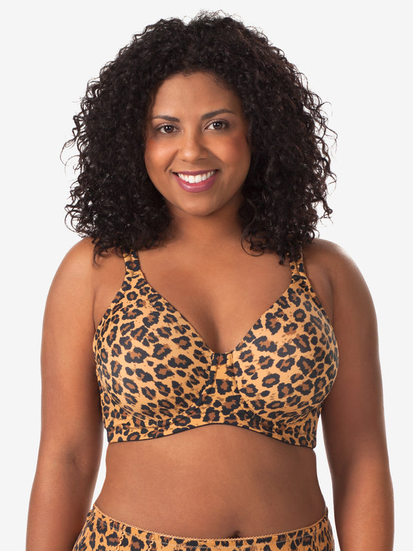 Front view of full coverage underwire padded bra in core leopard