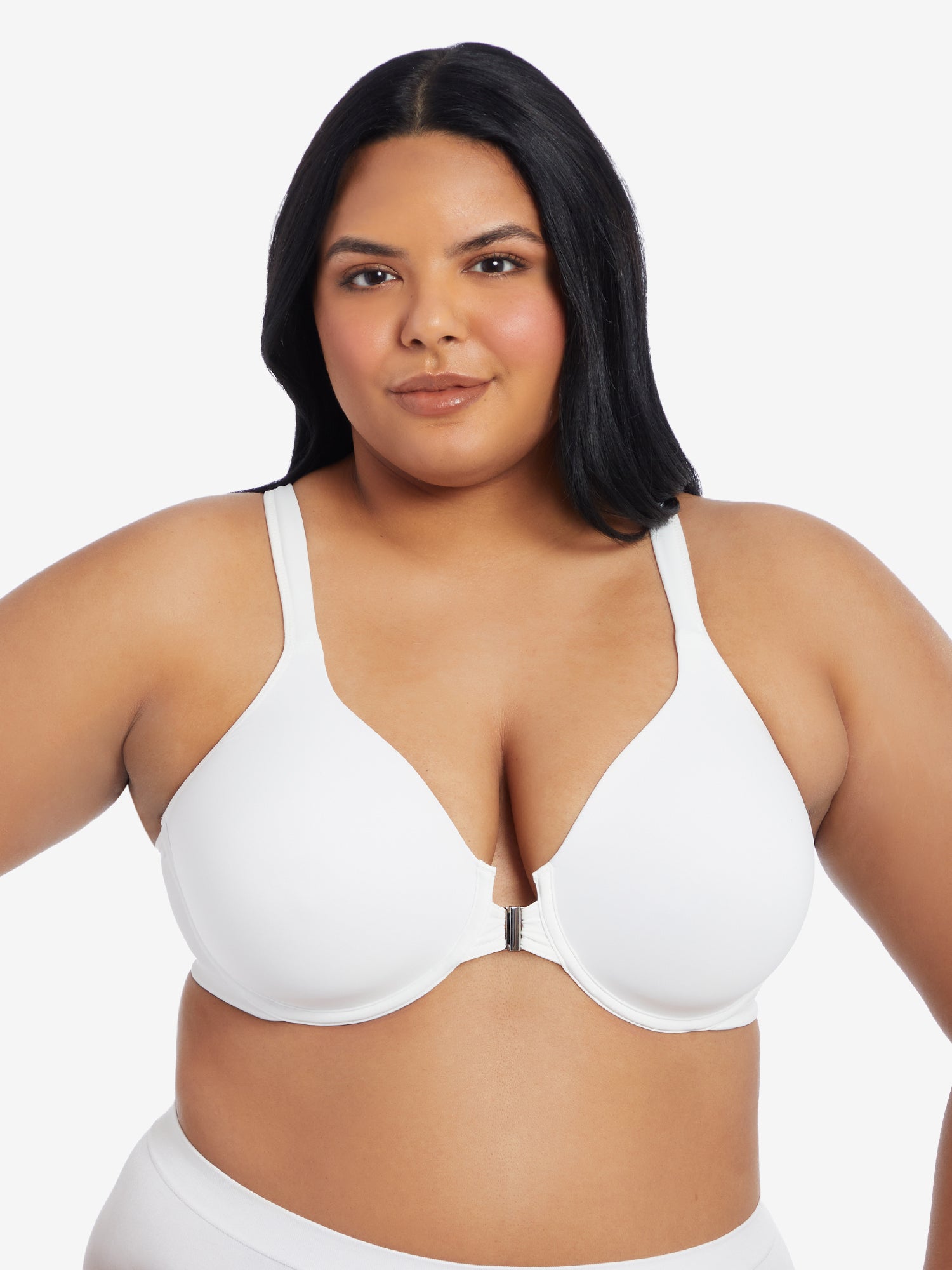 Front view of front-closure racerback t-shirt bra in white