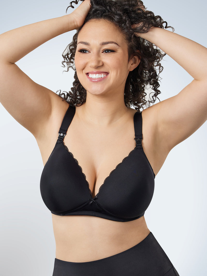 Front view of wirefree nursing and hands free pump bra in black