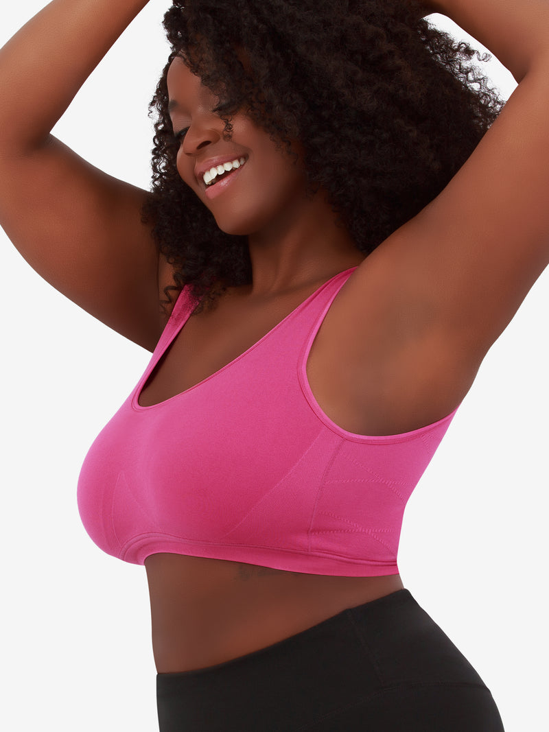 Side view of comfort support sports bra in magenta haze