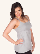 Side view of lace back maternity and nursing tank in silver sconce