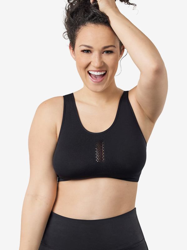 Front view of cooling everyday sports bra in black