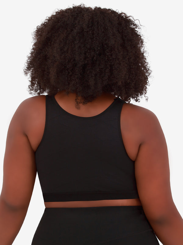 Back view of back smoothing front-closure bra in black
