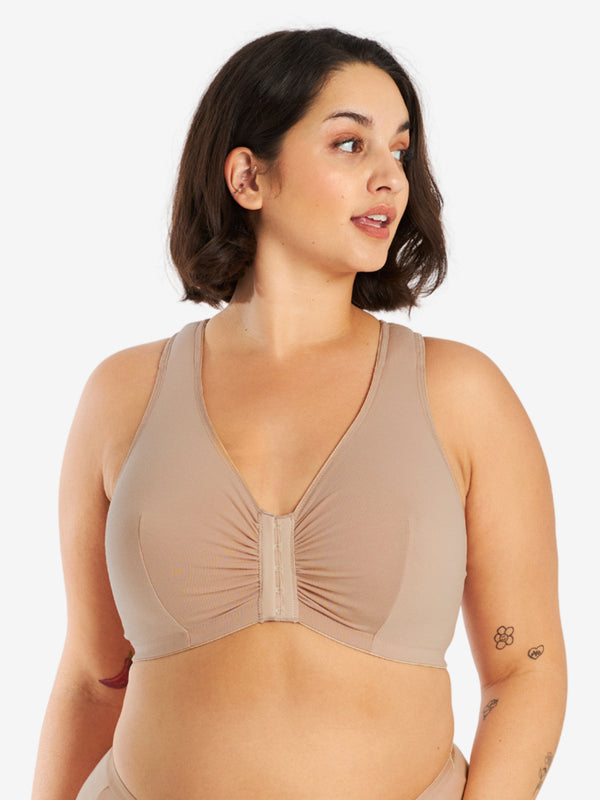 Front view of cotton front-closure lace racerback bra in sand