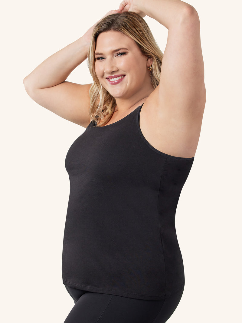 Back view of maternity and nursing tank with built-in nursing bra in black