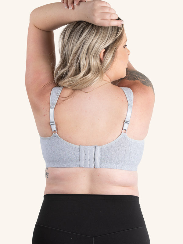 Front view of sport wirefree nursing bra in heather grey