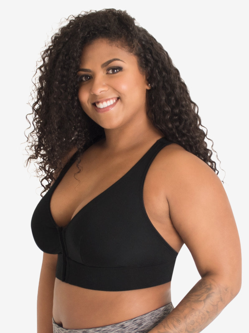 Front view of front-closure wirefree bralette in black
