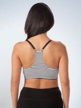 Back view of loving moments nursing sports bra in black and white stripe