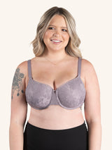 Front view of underwire lace nursing bra in baked blush toned quail