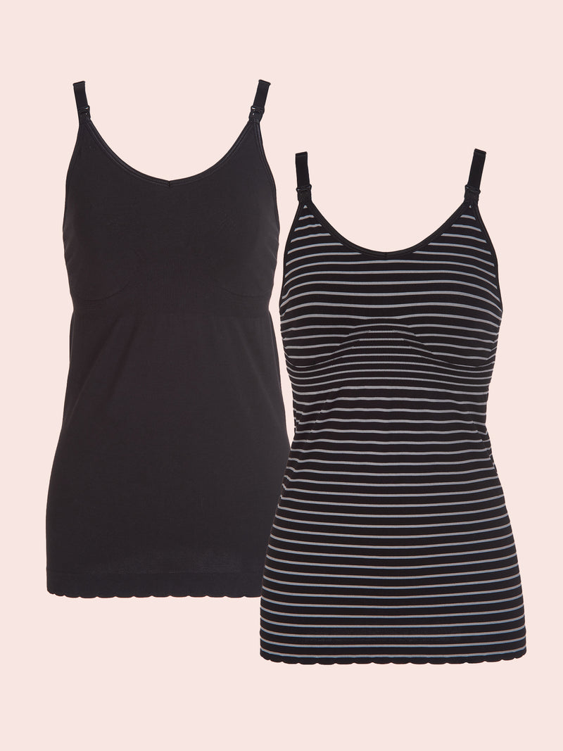 Maternity To Nursing Seamless Cotton Cami 2-Pack - Jet Black & Black Grey Stripe 2PK,S