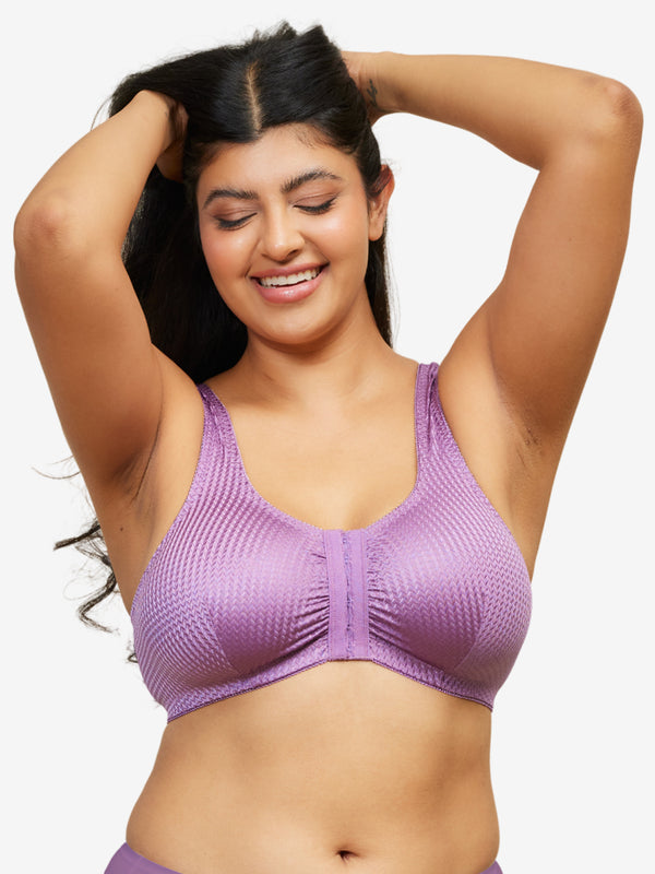 Front view of zig-zag weave front-closure comfort bra in violet