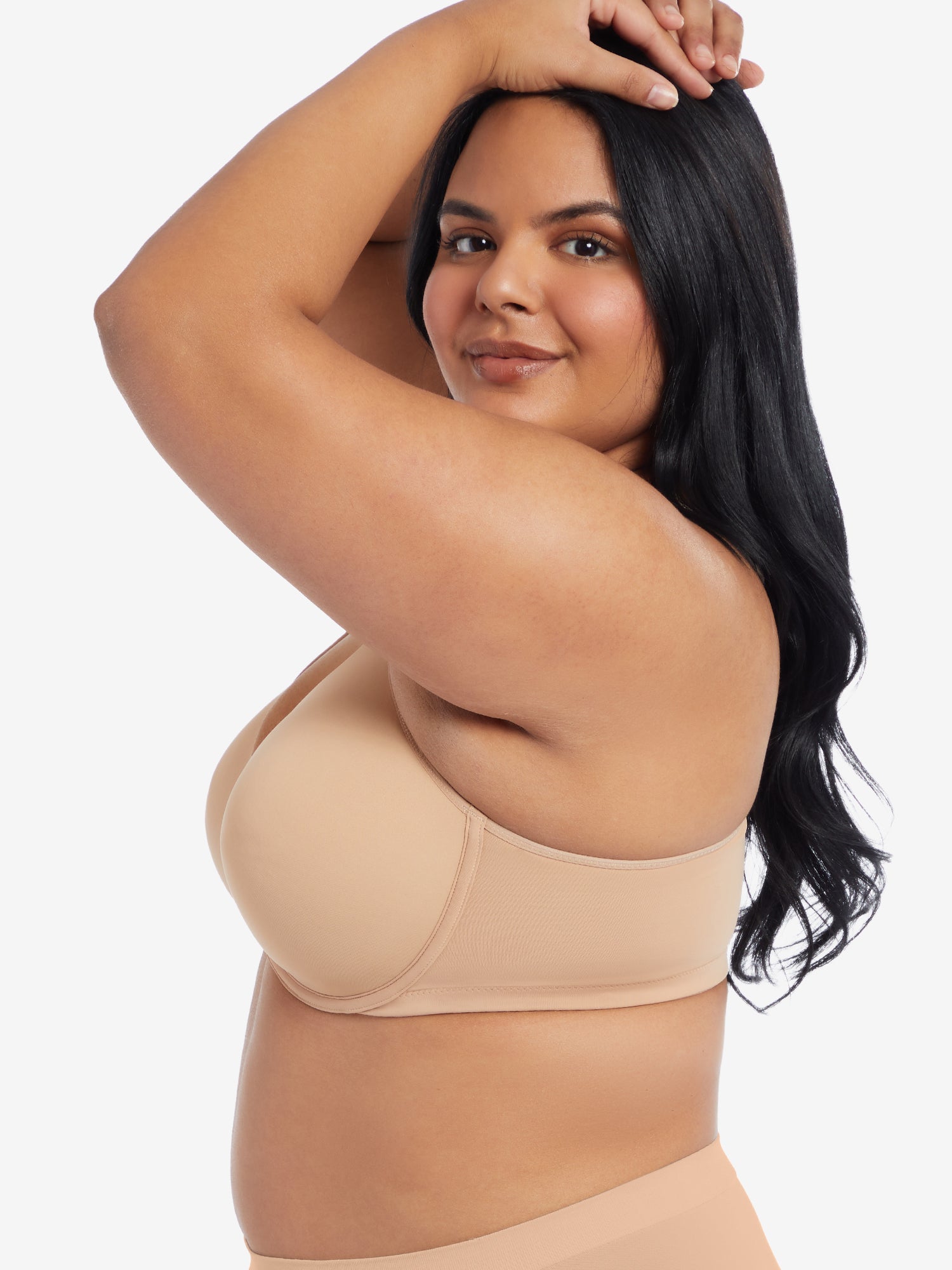 Side view of front-closure racerback t-shirt bra in sand