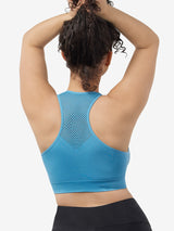 Back view of cooling racerback sports bra in arctic blue