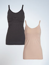 Front view of two pack maternity to nursing seamless cotton tank in grey black stripe and naturally nude