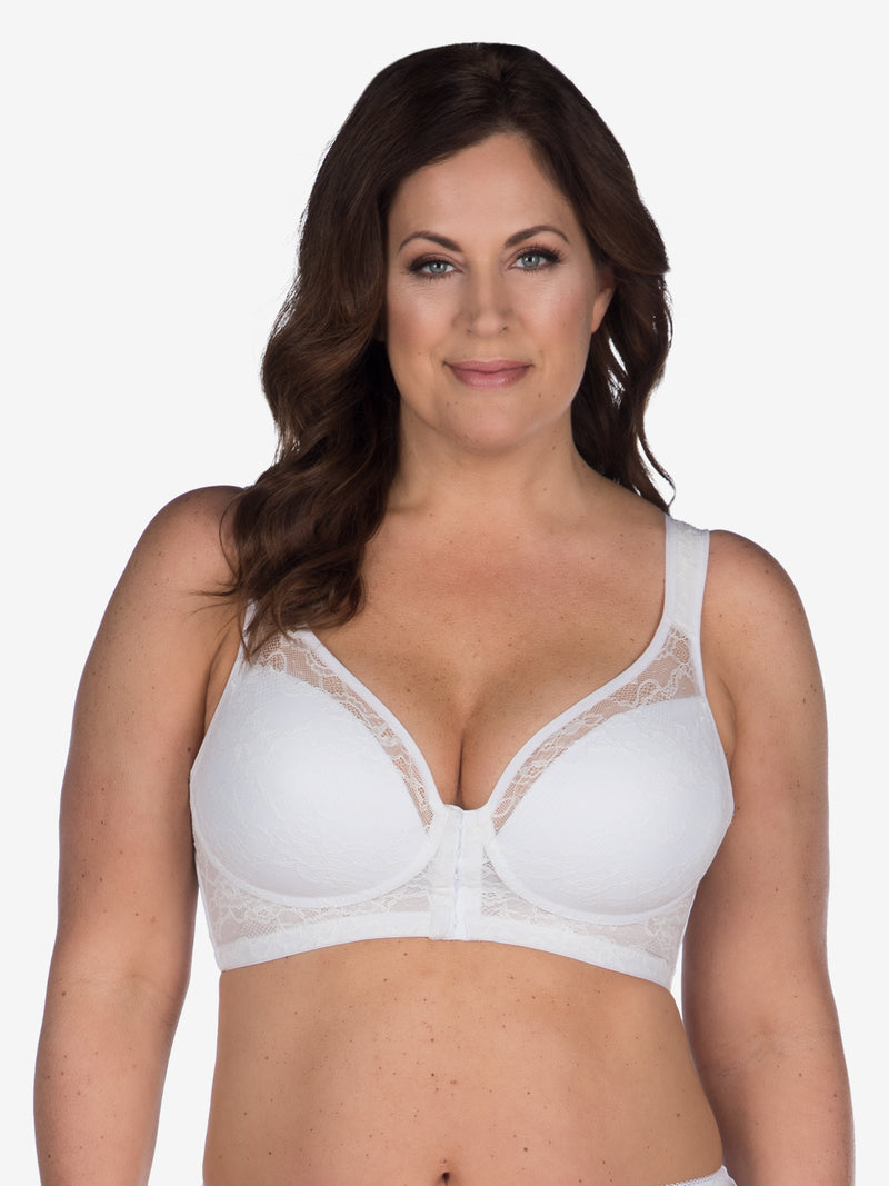 Front view of lace covered wirefree posture bra in white
