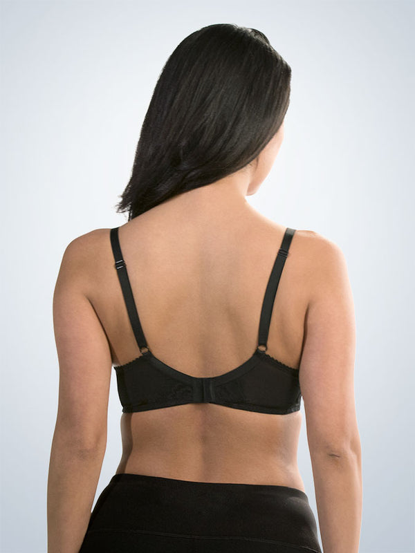Back view of lace wireless nursing bra in black