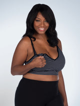 Front view of cotton seamless athleisure sports nursing bra in jet black with grey stripe