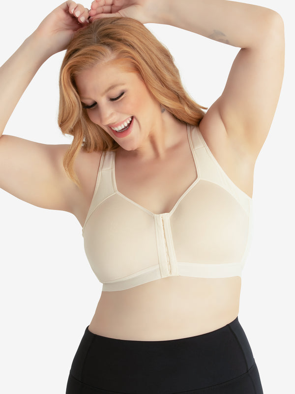 Front view of back smoothing front-closure bra in whisper nude