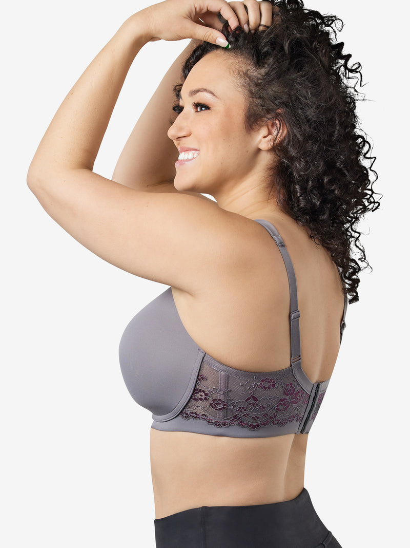 Back view of lace wirefree t-shirt bra in storm front grey
