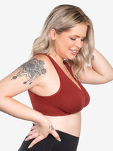Side view of cotton front-closure wirefree comfort bra in spiced apple