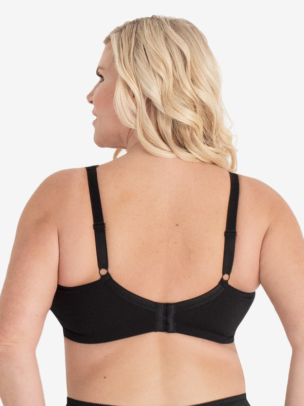 Back view of microfiber lace trim bralette in black