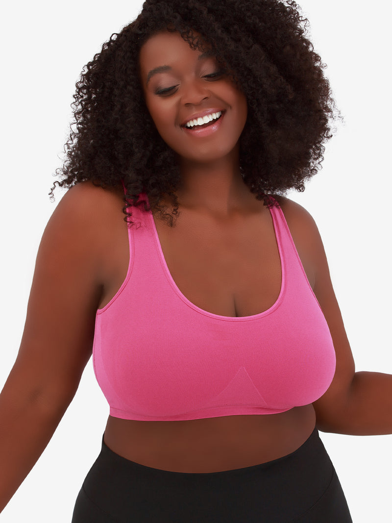 Front view of comfort support sports bra in magenta haze